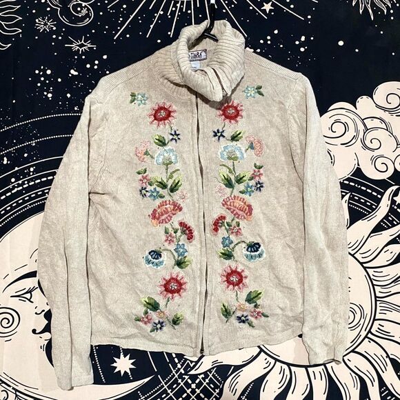 Tiara International Sweaters - VTG Tiara International Cardigan Sweater Women’s M Beige Ramie Floral Embroidery